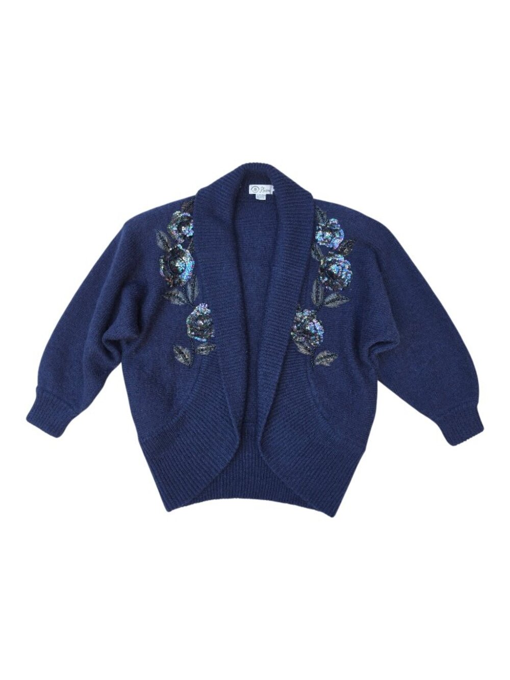 Vtg PIERRE Mohair Wool Cardigan M Navy Blue Sequin Beaded Embroidered Open Front